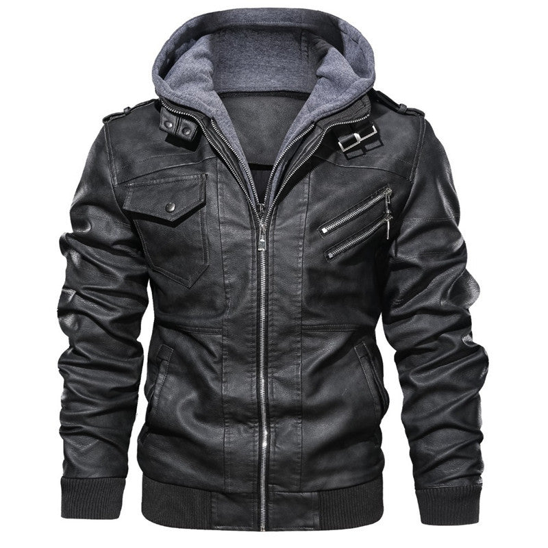 Spring, Autumn And Winter New Leather Jacket Men's Hooded Leather Jacket Youth Men's Jacket